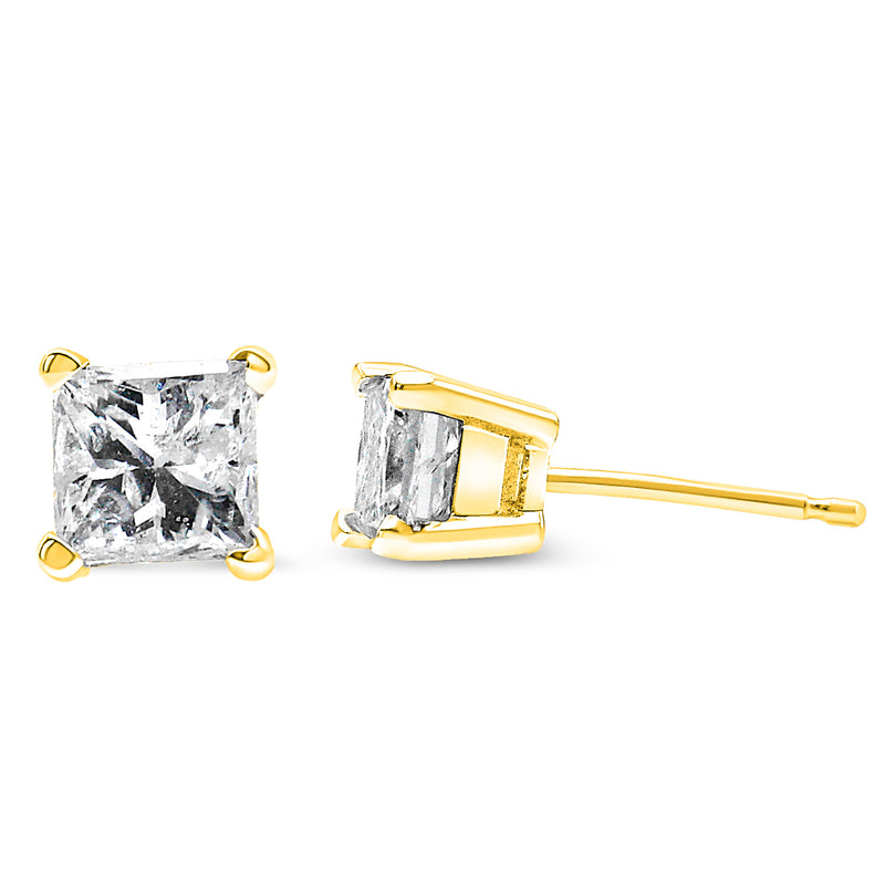 AGS Certified 0.40 Cttw Princess-Cut Square Diamond 4-Prong Solitaire Stud Earrings in 14K Yellow Gold (N-O Color, I1-I2 Clarity)