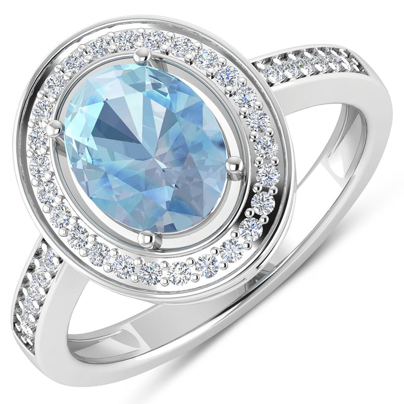 1.63 Carat Genuine Aquamarine and White Diamond 14K White Gold Ring