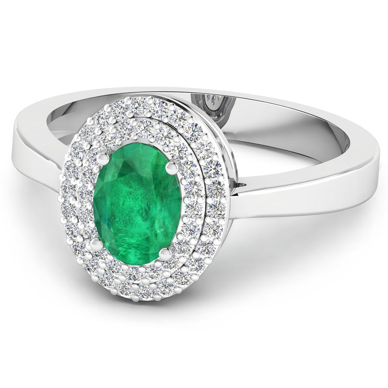 0.88 Carat Genuine Zambian Emerald and White Diamond 14K White Gold Ring