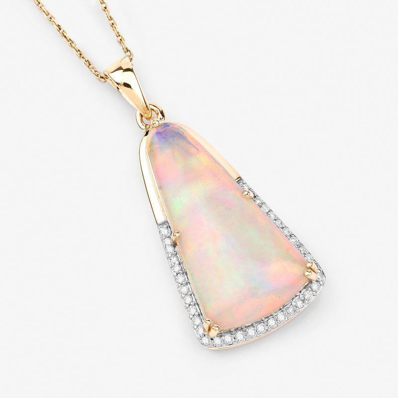 4.20 Carat Genuine Ethiopian Opal and White Diamond 14K Yellow Gold Pendant