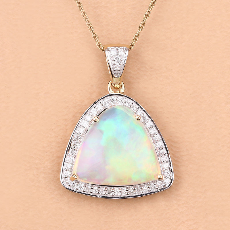 2.60 Carat Genuine Ethiopian Opal and White Diamond 14K Yellow Gold Pendant