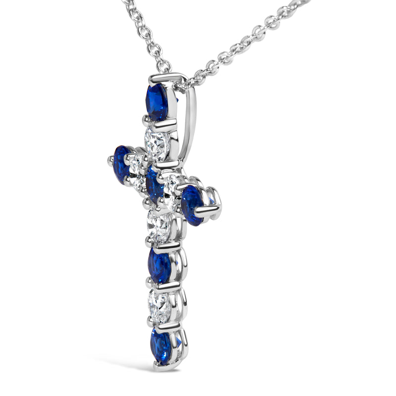 18K White Gold 1.0 Cttw Diamond and 3.5 MM Round Blue Sapphire 11 Stone Cross 18" Pendant Necklace (F-G Color, VS2-SI1 Clarity)