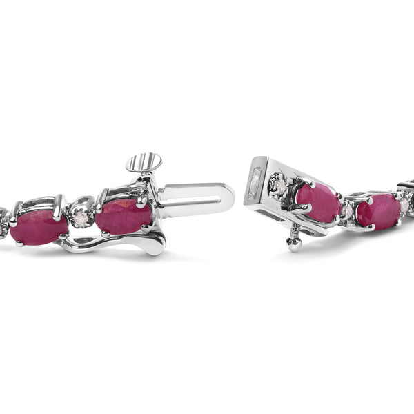 .925 Sterling Silver Oval Ruby and 1/4 Cttw Diamond Link Bracelet - Size 7.25" -  (I-J Color, I2-I3 Clarity)