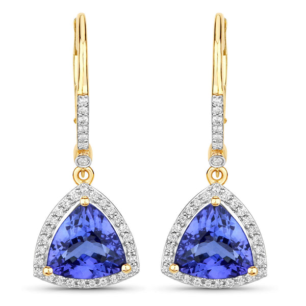 4.61 Carat Genuine Tanzanite and White Diamond 14K Yellow Gold Earrings