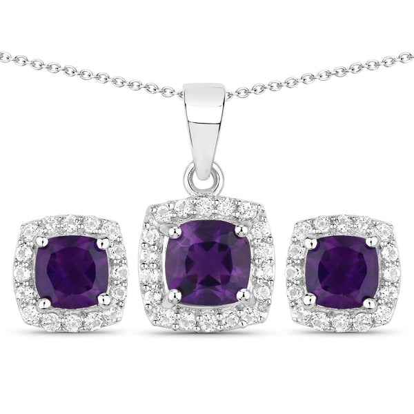 2.60 Carat Genuine Amethyst and White Topaz .925 Sterling Silver Jewelry Set