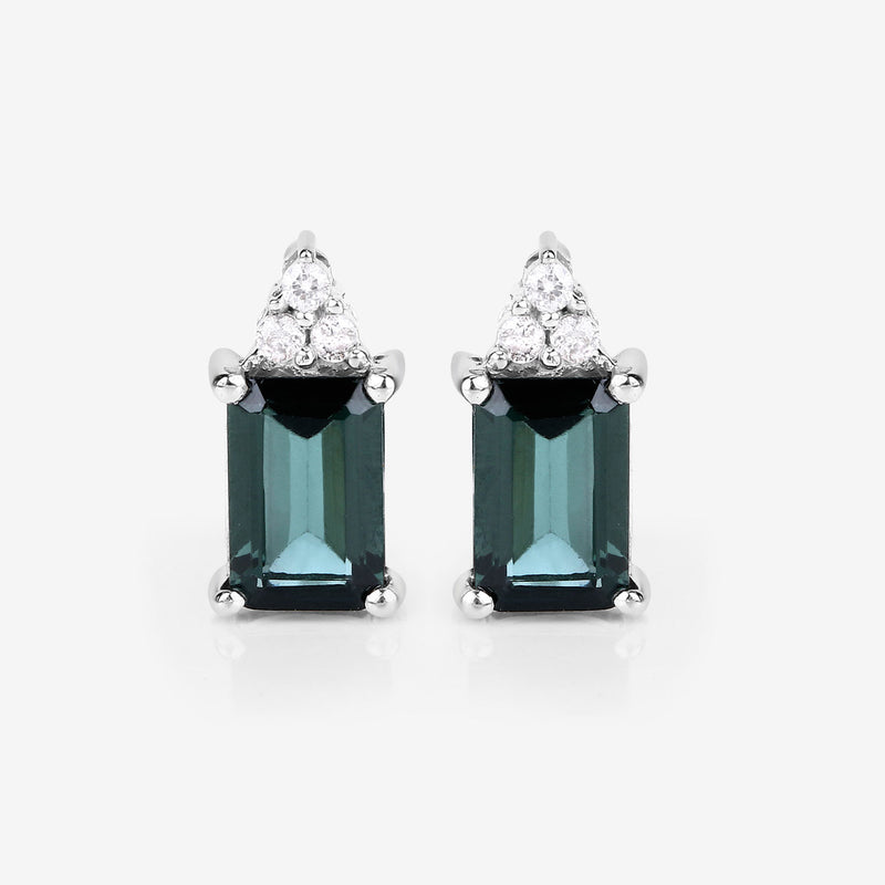 1.25 Carat Genuine Green Tourmaline and White Diamond 14K White Gold Earrings