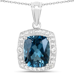 7.07 Carat Genuine London Blue Topaz and White Topaz .925 Sterling Silver Pendant