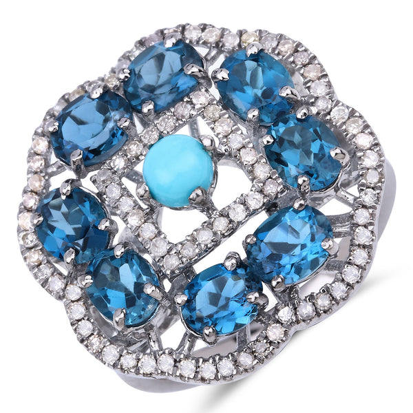 3.95 Carat Genuine London Blue Topaz, Turquoise and White Diamond .925 Sterling Silver Ring