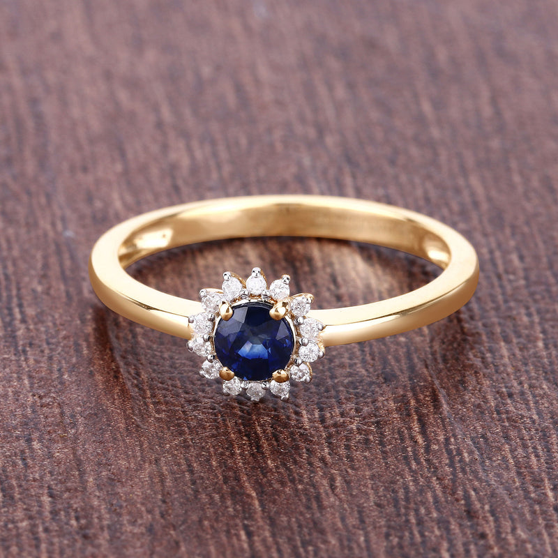 0.47 Carat Genuine Blue Sapphire and White Diamond 14K Yellow Gold Ring