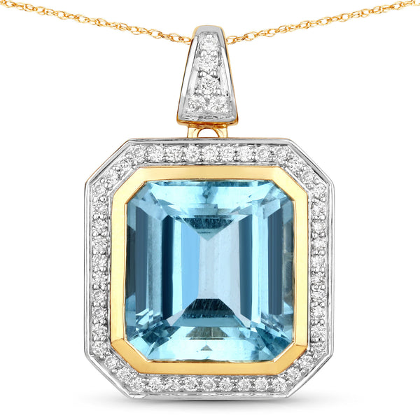 11.04 Carat Genuine Aquamarine and White Diamond 14K Yellow Gold Pendant