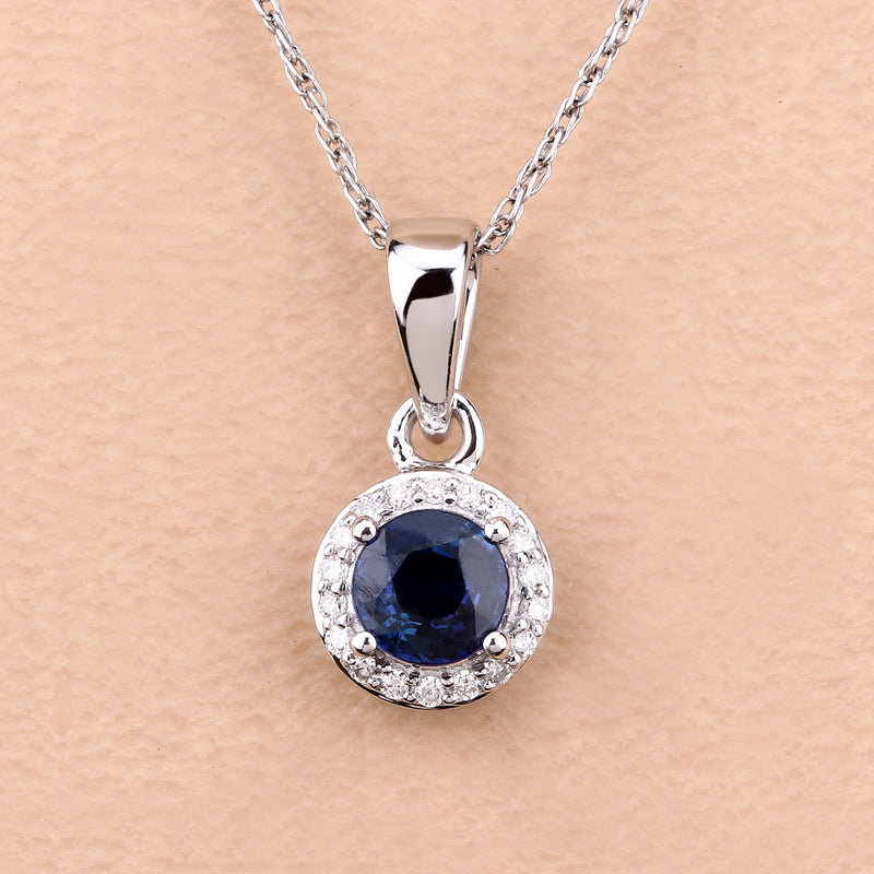 0.52 Carat Genuine Blue Sapphire and White Diamond 14K White Gold Pendant