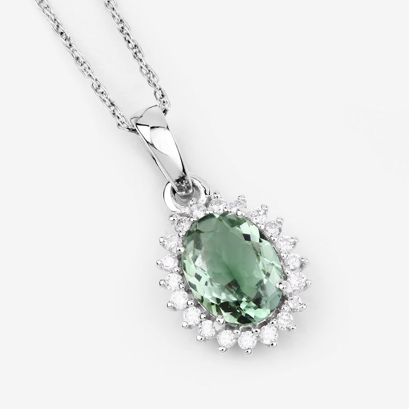 1.39 Carat Genuine Green Tourmaline and White Diamond 14K White Gold Pendant