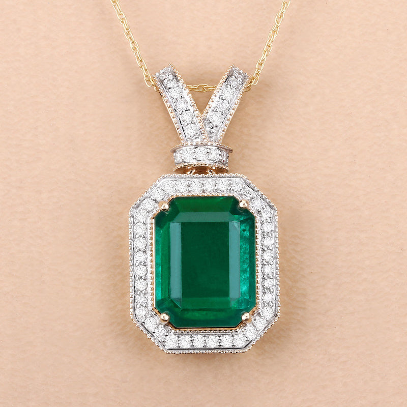 IGI Certified 7.91 Carat Genuine Zambian Emerald and White Diamond 14K Yellow Gold Pendant