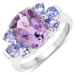 14K White Gold Plated 3.44 Carat Genuine Amethyst and Tanzanite .925 Sterling Silver Ring