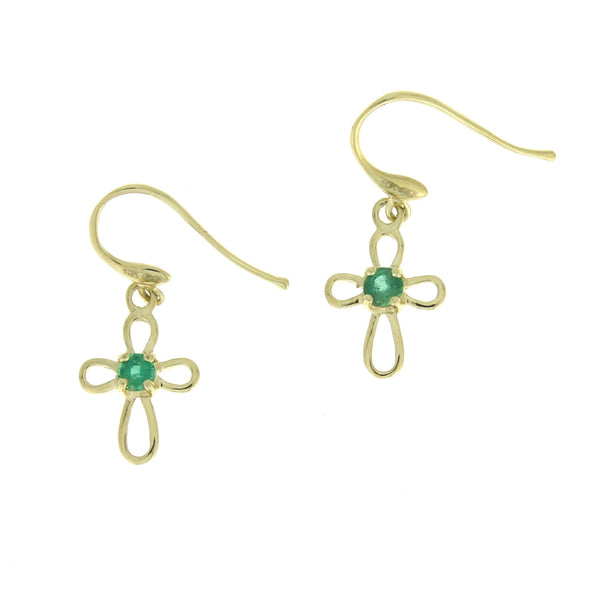 Genuine .20ct Emerald Cross Earrings 10KT Yellow Gold