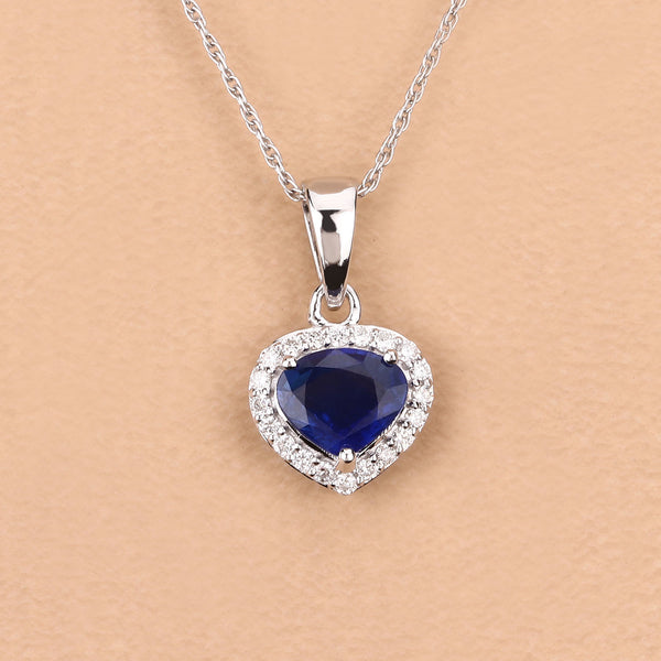 1.09 Carat Genuine Blue Sapphire and White Diamond 14K White Gold Pendant