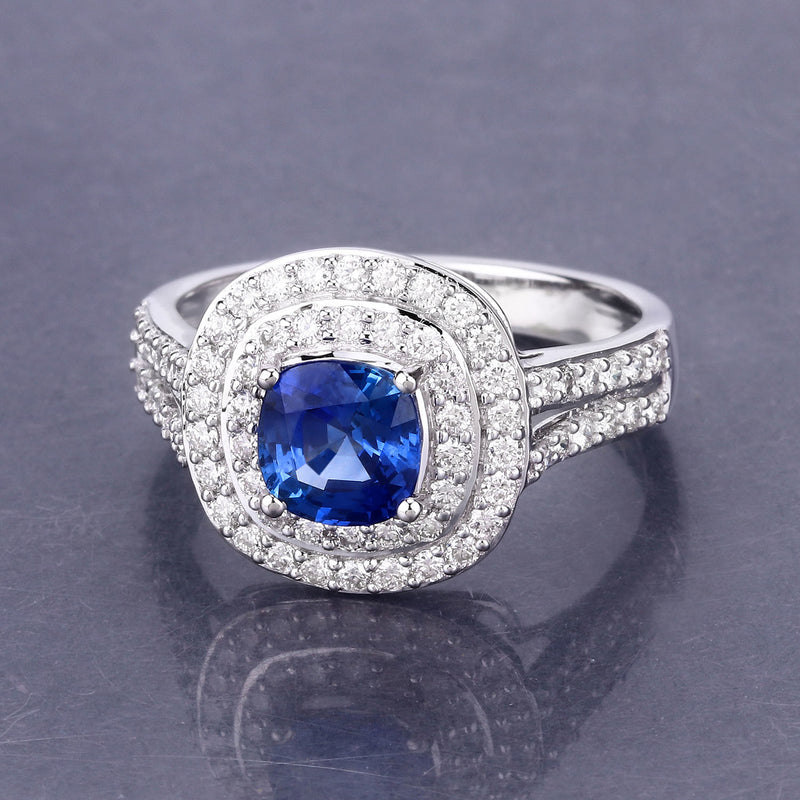 1.96 Carat Genuine Blue Sapphire and White Diamond 18K White Gold Ring