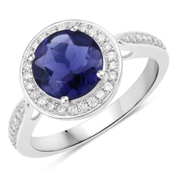 1.79 Carat Genuine Iolite and White Diamond 14K White Gold Ring