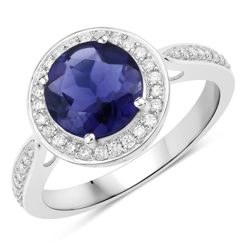 1.79 Carat Genuine Iolite and White Diamond 14K White Gold Ring