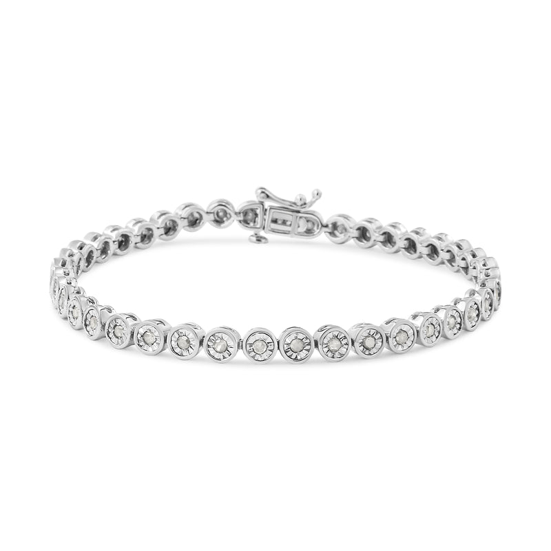 .925 Sterling Silver 1.0 Cttw Miracle Plate Set Diamond Bezel Link Design Tennis Bracelet (I-J Color, I3 Clarity)