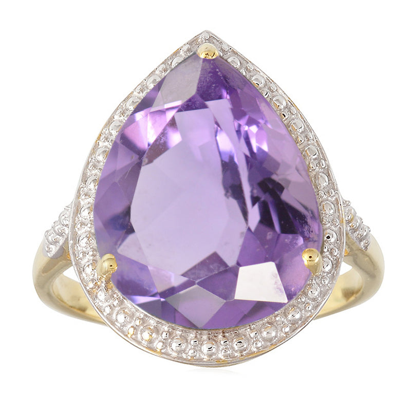 V3 Jewelry 18KT Gold Over Sterling Silver with 6.50CT Natural Amethyst Tear Drop Solitaire Ring for Women