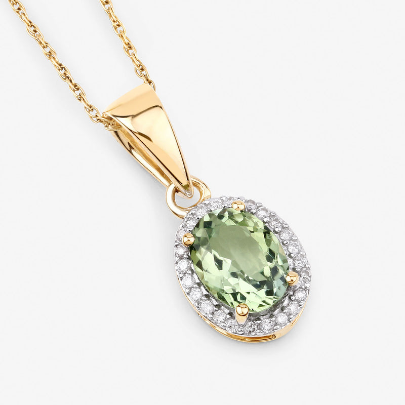 1.27 Carat Genuine Green Tourmaline and White Diamond 14K Yellow Gold Pendant