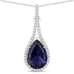 5.42 Carat Genuine Iolite and White Diamond 14K White Gold Pendant