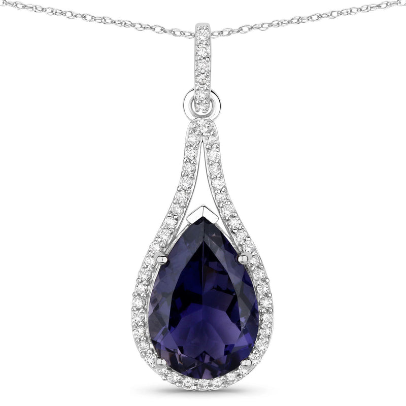 5.42 Carat Genuine Iolite and White Diamond 14K White Gold Pendant