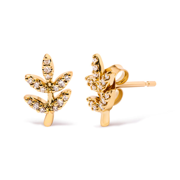 10K Yellow Gold 1/10 Cttw Diamond Accented Leaf and Branch Stud Earrings (H-I Color, I1-I2 Clarity)