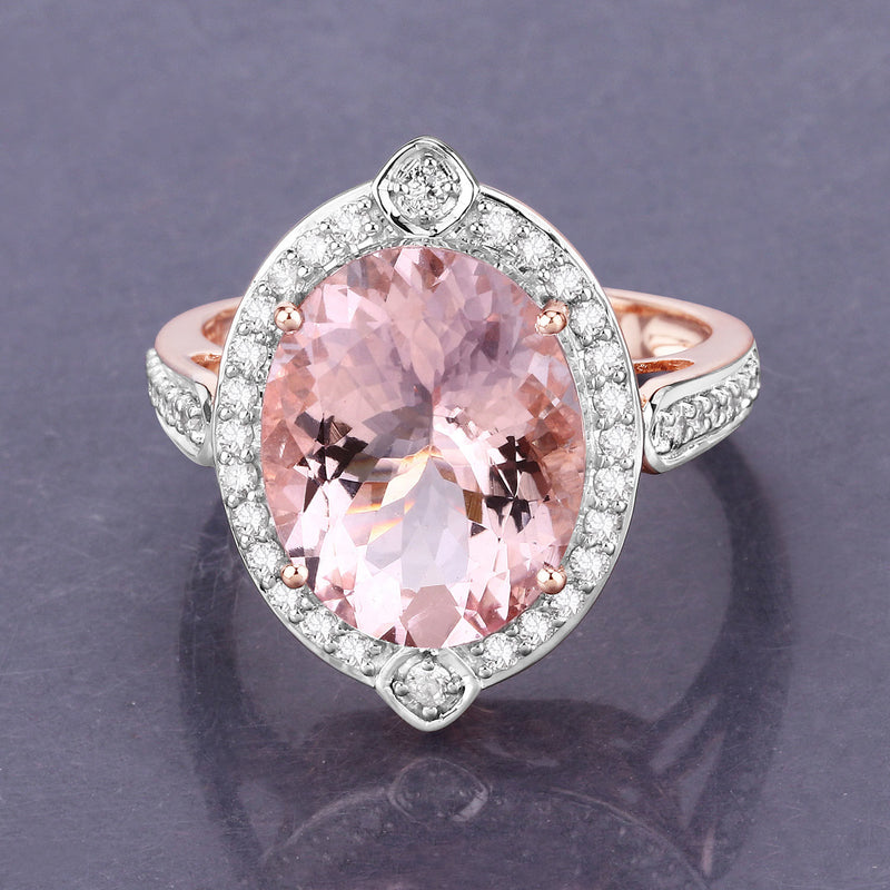 5.62 Carat Genuine Morganite and White Diamond 14K Rose Gold Ring