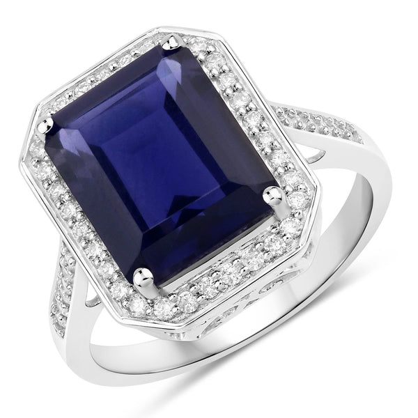 3.70 Carat Genuine Iolite and White Diamond 14K White Gold Ring