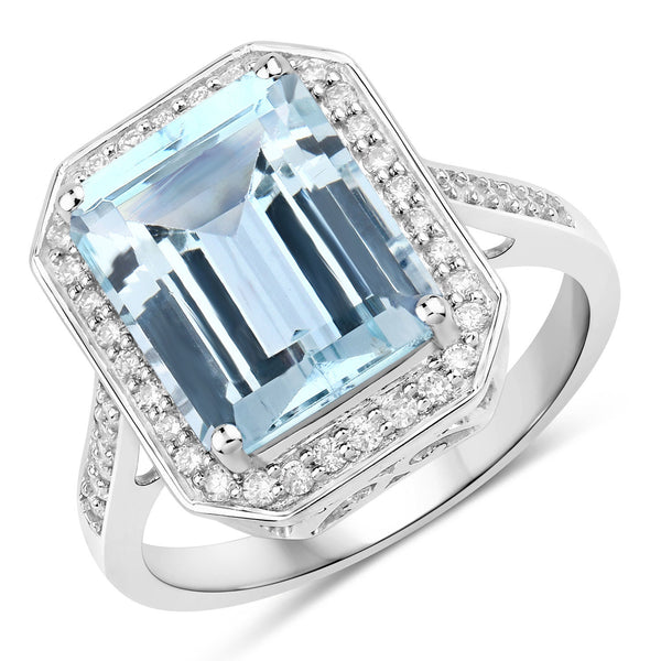 4.69 Carat Genuine Aquamarine and White Diamond 14K White Gold Ring