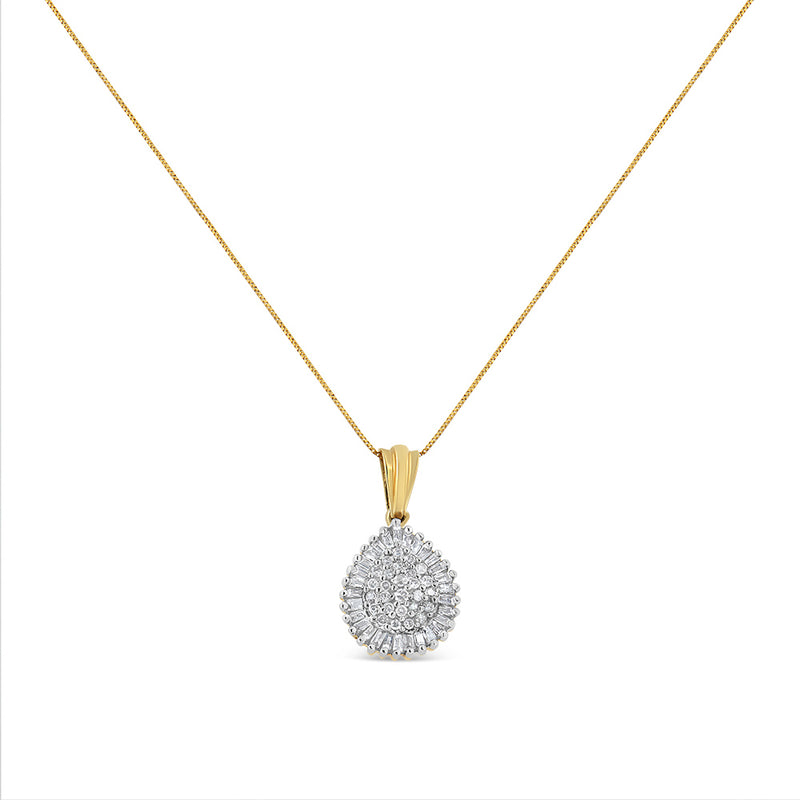 10K Yellow Gold 1/2 Cttw Round and Baguette Cut Diamond Oval Burst 18" Pendant Necklace (J-K Color, I1-I2 Clarity)