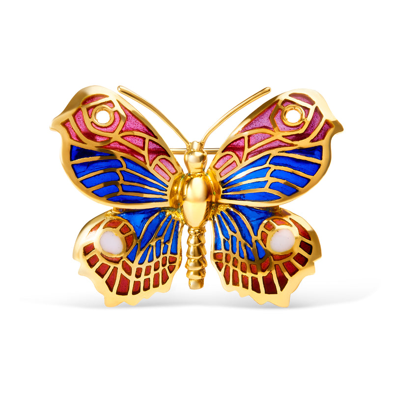 18K Yellow Gold Red, Blue, and White Enameled Butterfly Brooch Pin