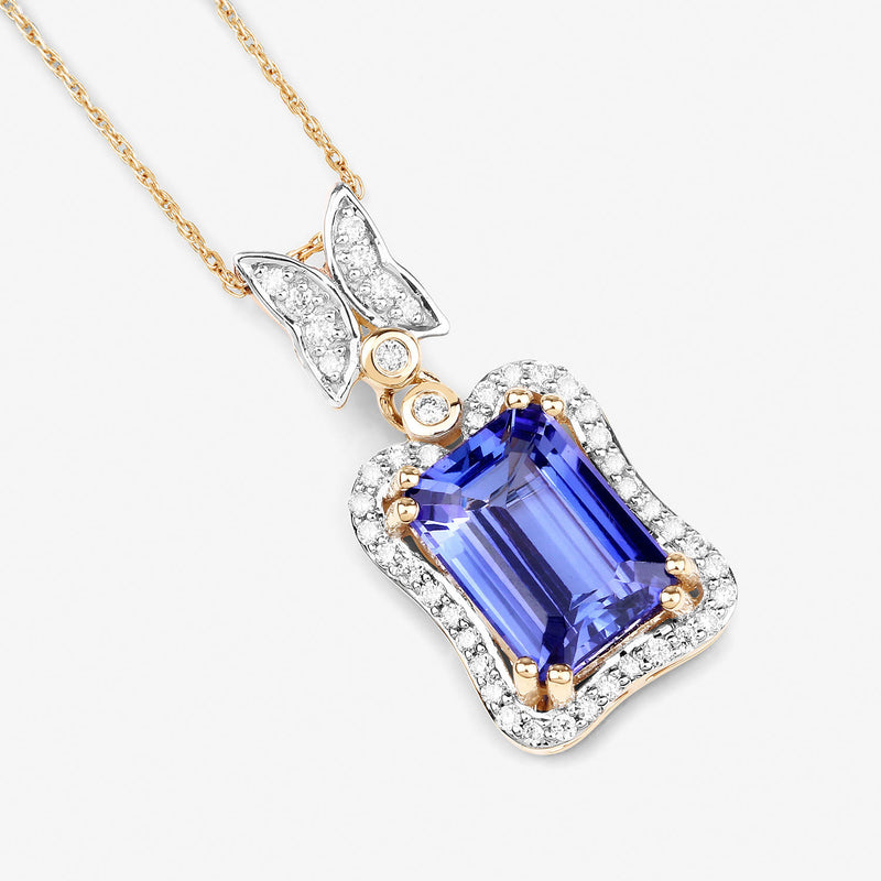 2.85 Carat Genuine Tanzanite and White Diamond 14K Yellow Gold Pendant