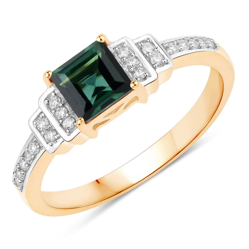 0.72 Carat Genuine Green Tourmaline and White Diamond 14K Yellow Gold Ring