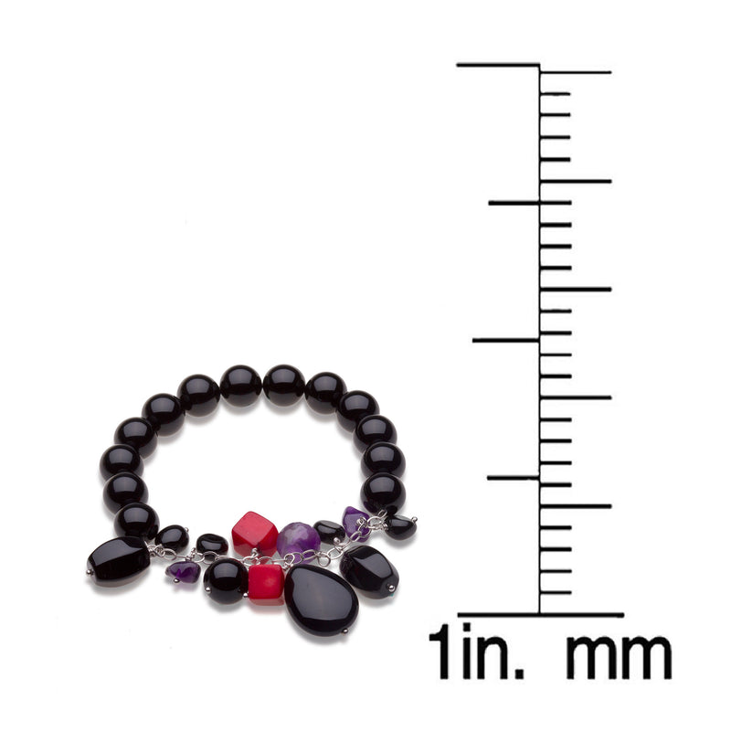 Sterling Silver 10MM Onyx, Amethyst & Coral Bead Stretch Bracelet