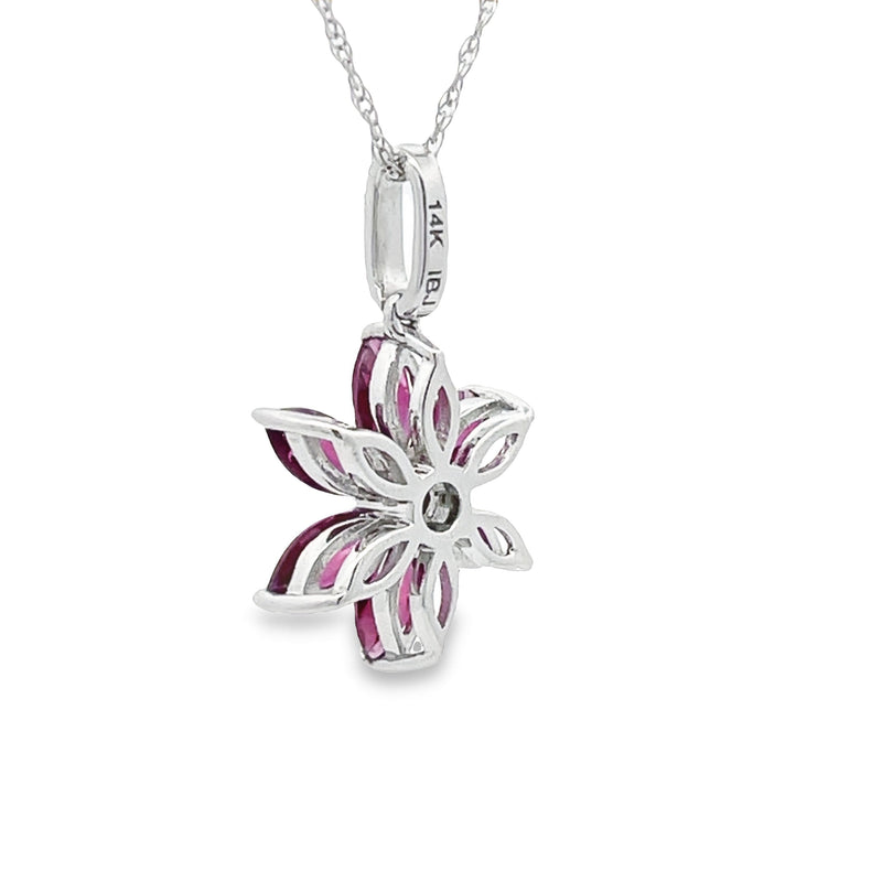 Rhodolite Garnet Diamond Flower Pendant 14KT White Gold