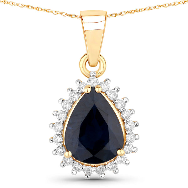 2.09 Carat Genuine Blue Sapphire and White Diamond 14K Yellow Gold Pendant