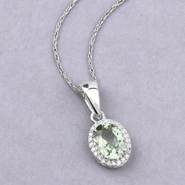 1.27 Carat Genuine Green Tourmaline and White Diamond 14K White Gold Pendant