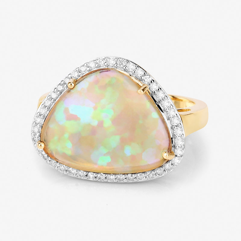 3.88 Carat Genuine Ethiopian Opal and White Diamond 14K Yellow Gold Ring