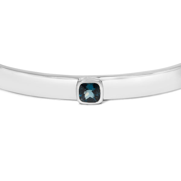 .925 Sterling Silver and Bezel Set 5mm Checkerboard Cushion Cut Blue Topaz Bangle - Fits wrists up to 8" Inches