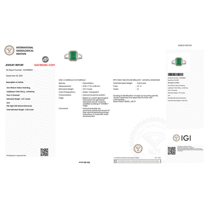 IGI Certified 2.27 Carat Genuine Zambian Emerald and White Diamond 14K Yellow & White Gold Ring