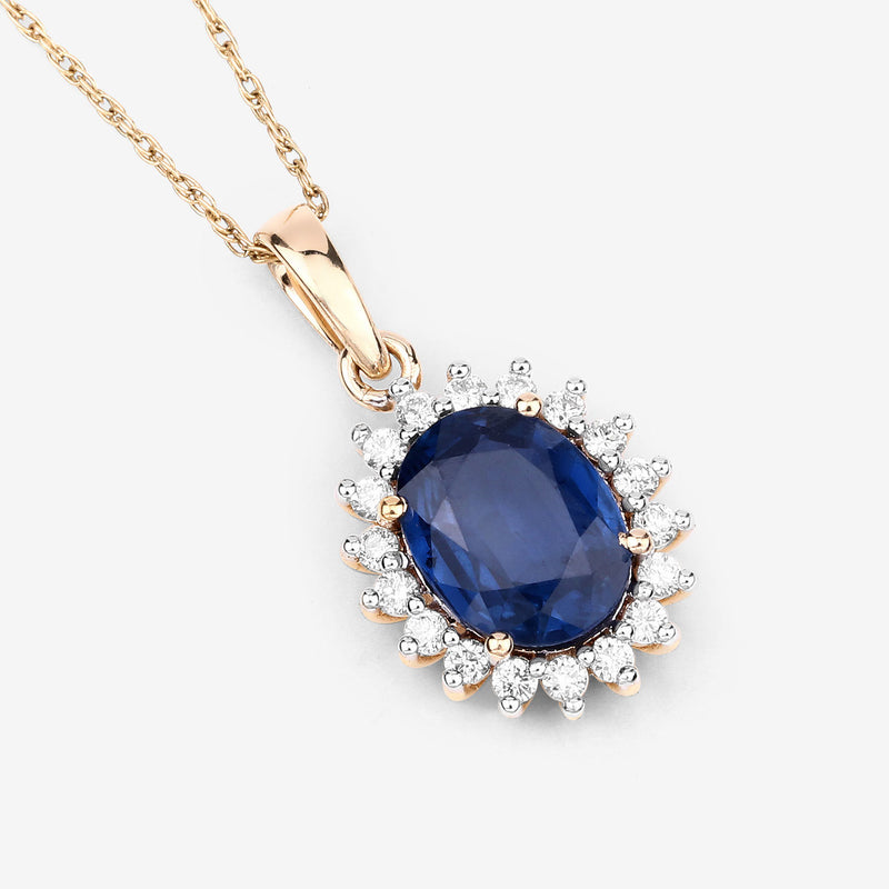 2.51 Carat Genuine Blue Sapphire and White Diamond 14K Yellow Gold Pendant