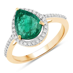 1.82 Carat Genuine Zambian Emerald and White Diamond 14K Yellow Gold Ring