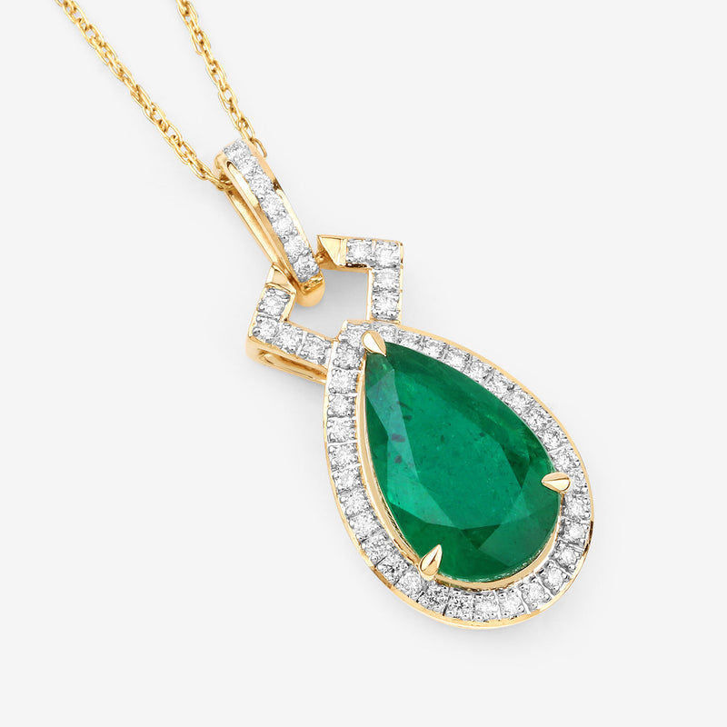 IGI Certified 3.23 Carat Genuine Zambian Emerald and White Diamond 14K Yellow Gold Pendant