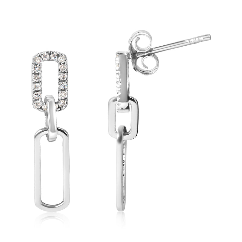 .925 Sterling Silver 1/10 Cttw Diamond Studded Paperclip Drop and Dangle Earrings (I-J Color, I2-I3 Clarity)