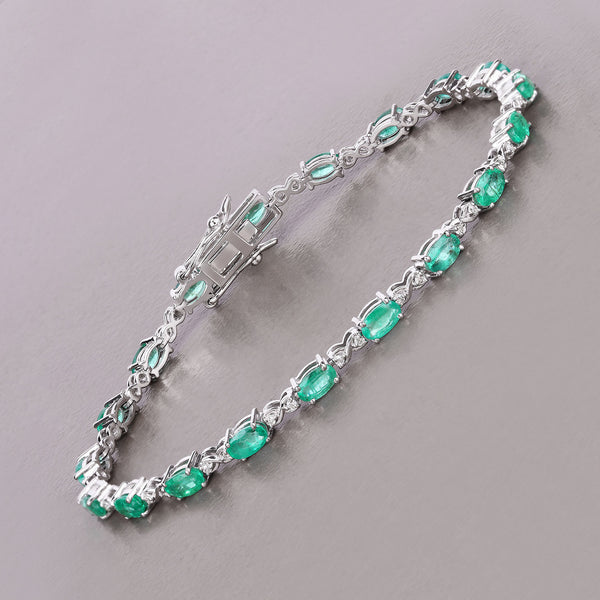 3.86 Carat Genuine Zambian Emerald and White Diamond 14K White Gold Bracelet