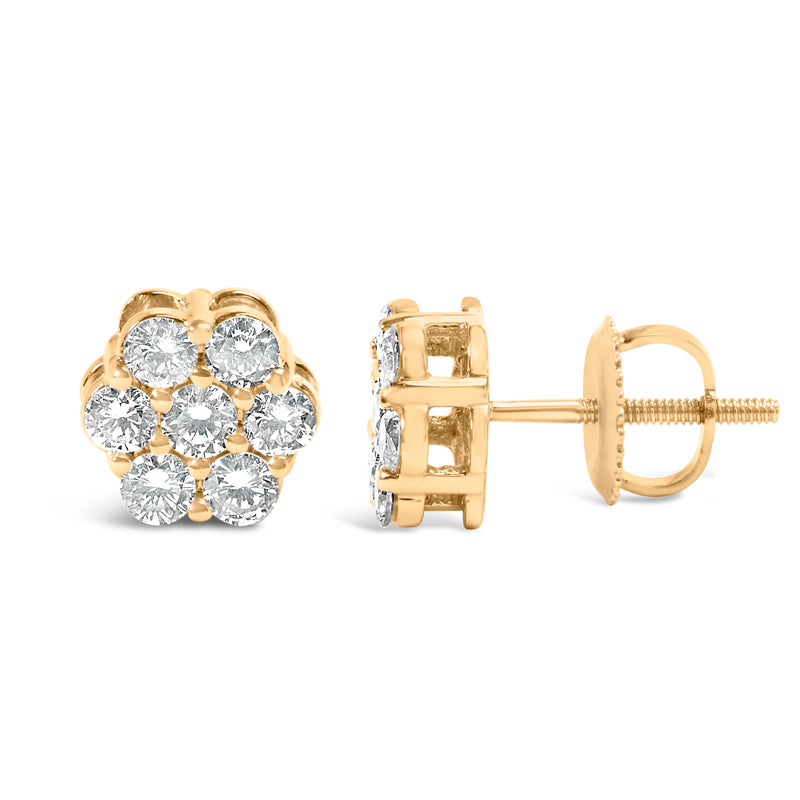 14K Yellow Gold 3/4 Cttw 7 Stone Floral Cluster Round Brilliant Cut Diamond Stud Earrings with Screw Backs (I-J Color, SI2-I1 Clarity)