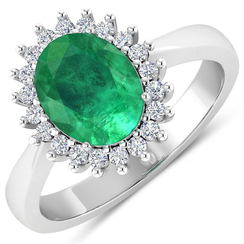 1.39 Carat Genuine Zambian Emerald  and White Diamond 14K White Gold Ring